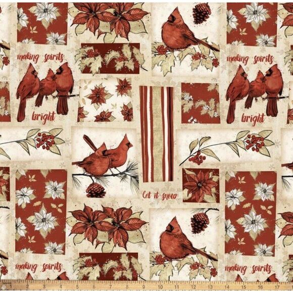 Christmas Fabric Holiday Gem Block Red Cardinals on Tan Xmas Fabric 1/2yd Cotton - Picture 1 of 2